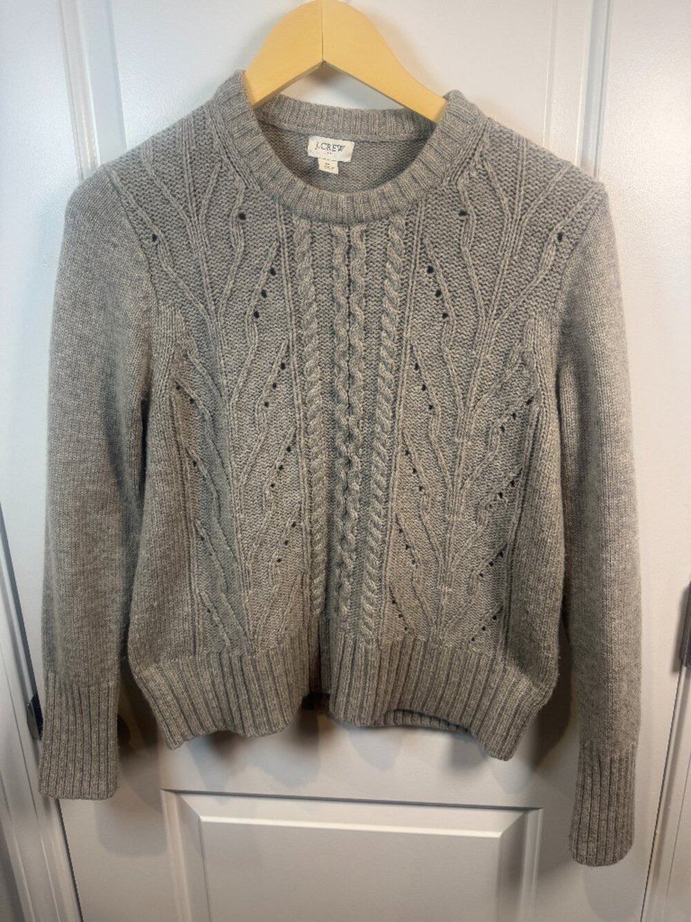 J.Crew Heather Gray Lambswool Blend Cable Knit Pointelle Crewneck Sweater Medium